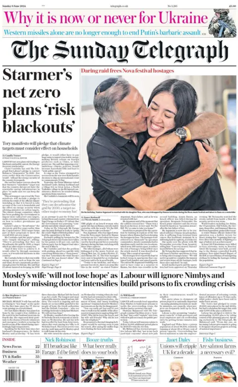 Starmer's net zero plans 'risk blackouts' reads the Sunday Telegraph