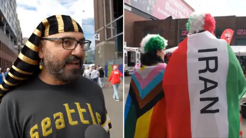 A man wearing an Egyptian pharaoh hat on the left, and people draped in a pride flag and Iranian flag.