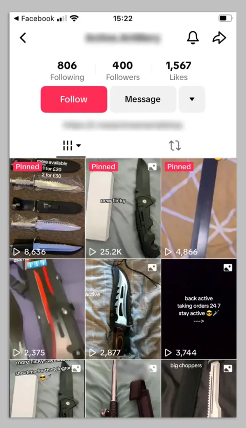 A screenshot from TikTok with videos promoting knives