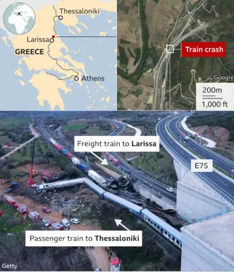 Maps and a photo showing train collision