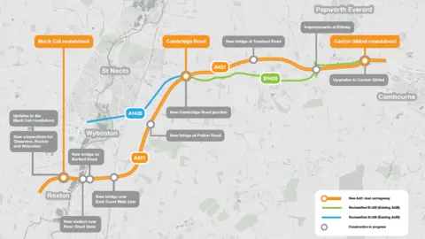 National Highways A design of the route of a new dual carriageway linking the Black Cat roundabout in Bedfordshire to the Caxton Gibbet roundabout in Cambridgeshire.
