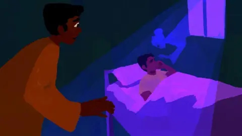 Shali Reddy An illustration of someone coughing in bed while a spectre leans over them