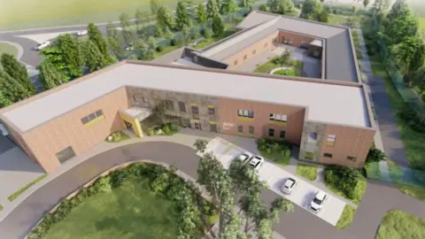 Lincolnshire Partnership NHS Foundation Trust Artist impression of the new two-storey building surrounded by trees