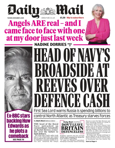 "Head of Navy's broadside at Reeves over defence clash," reads the headline on the front page of the Daily Mail.