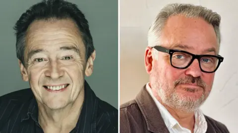 Presented composite image of Paul Whitehouse and Charlie Higson - Paul Whitehouse on the left is a clean-shaven brown-haired man wearing a dark pinstriped shirt, and Charlie Higson on the right is a gray-haired bearded man wearing black-rimmed glasses, wearing a brown corded jacket and white shirt.