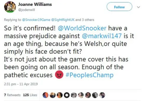 TWITTER Screengrab of Joanne Williams's tweet