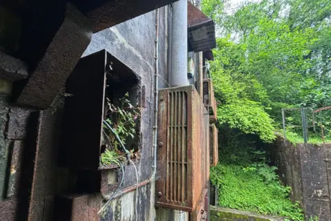 A rusty exterior of the bunker with wires protruding. The bunker looks overgrown.