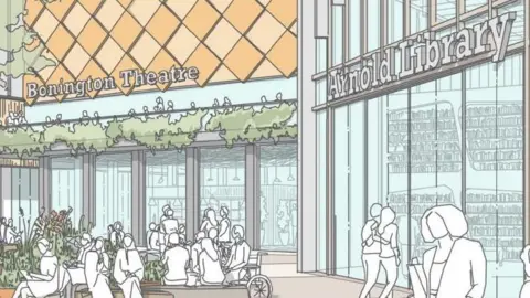 A CGI drawing of two new shop fronts which include the theatre and library