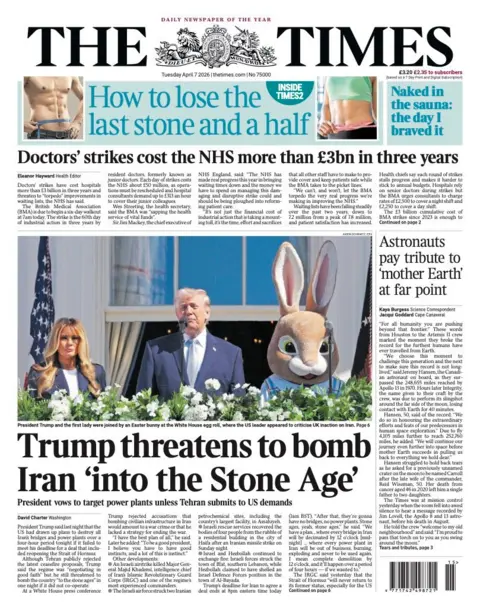 The headline on the front page of the Times reads: "Trump threatens to bomb Iran 'into the Stone Age'".