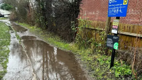 Eric Johnson/BBC Large brown puddles fill the walking space on a tow path.