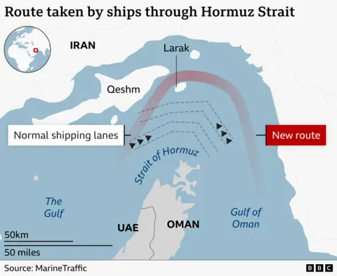 Graphic map showing shipping routes throught the Hormuz Strait. The northern route close to Iran's coastline is marked in red. The more southerly route through the middle of the strait is marked in dotted black lines.