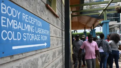 Getty Images People arrive for the identification of the victims at the Chiromo mortuary in Nairobi, Kenya, 16 January 2019