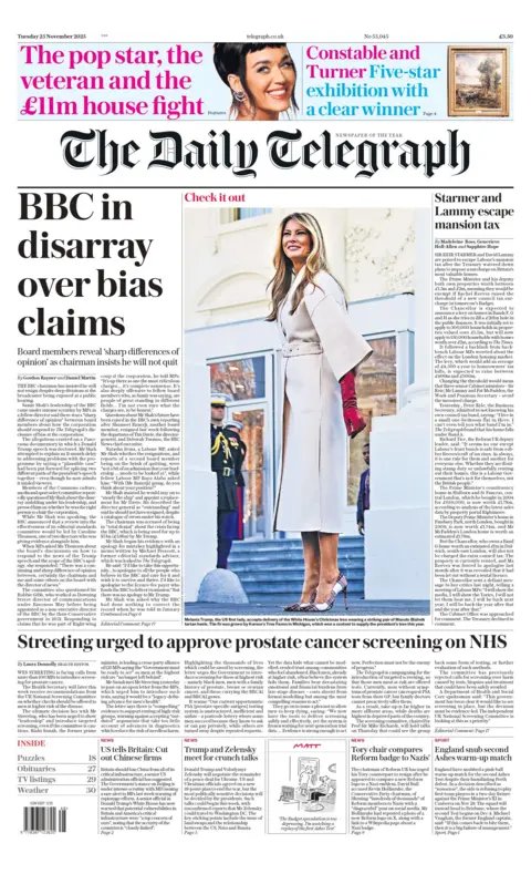 "BBC in disarray over bias claims," reads the headline on the front page of the Daily Telegraph.