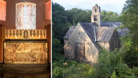 Two images with the one on the left showing an ornate copper pulpit and stained glass window and the other image showing a large grey stone church surrounded by lush forest
