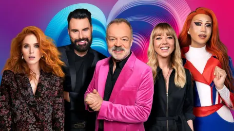 A montage of the BBC's Eurovision presenting team, from left to right: Angela Scanlon, Rylan, Graham Norton, Sara Cox and former Drag Race UK winner Tia Kofi.