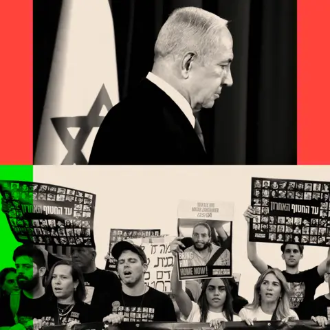  Benjamin Netanyahu on the top and on the bottom, relatives and supporters of Israeli hostages held captive hold their portraits during a protest in Tel Aviv 