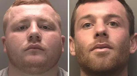 Merseyside Police Mugshots of Leroy Agatha, who has ginger hair and a beard, and Dylan Tollitt who has dark brown hair and a beard 