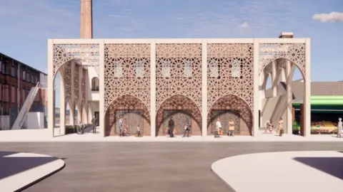Artist impression of a street view of the new two-storey mosque in Evington Valley Road, Leicester.