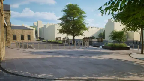 LDRS Computer-generated visualisation of a proposed public square beside a historic stone building.
