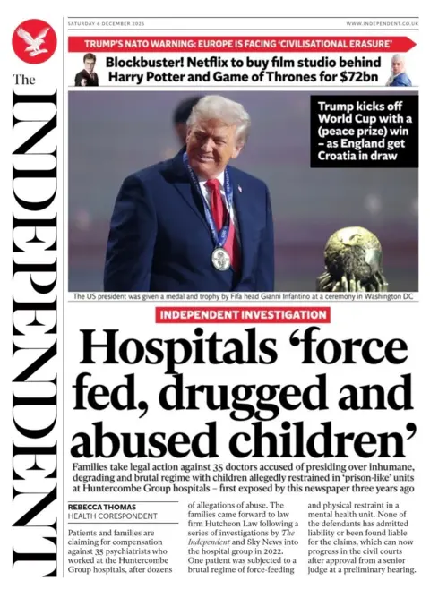 The headline on the front page of the Independent reads: “Hospitals 'force fed, drugged and abused children'”.