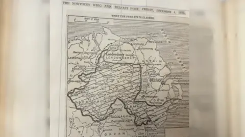 A map on a cream piece of paper of Ulster and Cavan. There are lines indicating borders. 