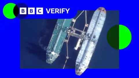 BBC An image showing the seized tanker refuelling. It is imposed over the BBC Verify branding and colours. 