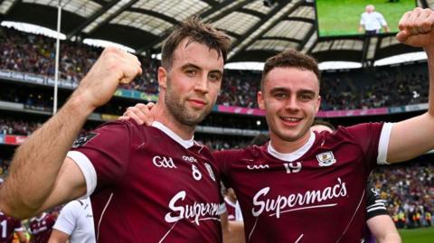 Galway pair Paul Conroy and Daniel O'Flaherty celebrate taking Galway into a second All-Ireland final in three years
