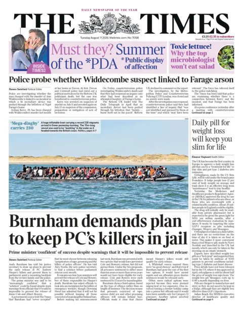 "Burnham demands plan to keep PC's killers in jail," reads the headline on the front page of the Times.