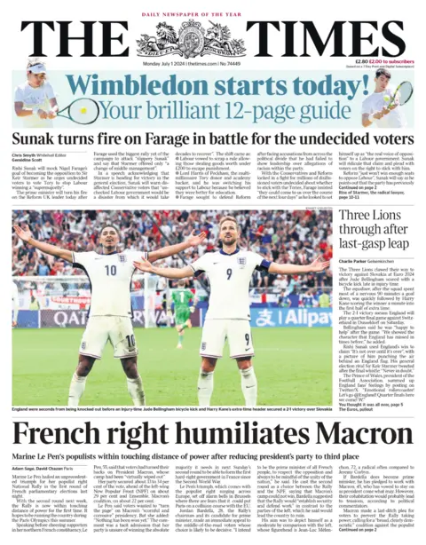 The headline on the front page of the Times reads: “French right humiliates Macron"