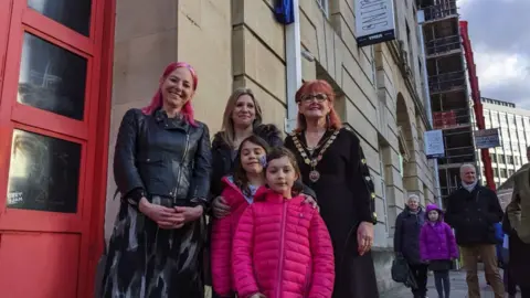 Prof. Alice Roberts. Photographed with the Lord Mayor of Bristol and Emma Martin's 4th and 5th generation granddaughters