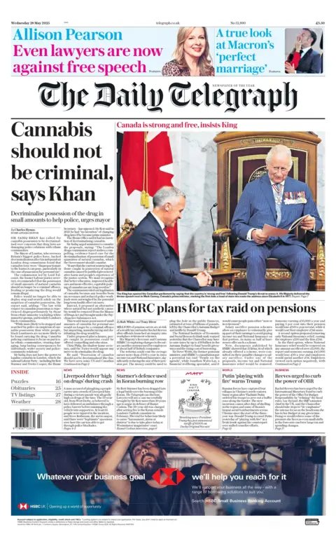 "Cannabis should not be criminal, says Khan" reads the headline on the front page of The Daily Telegraph.