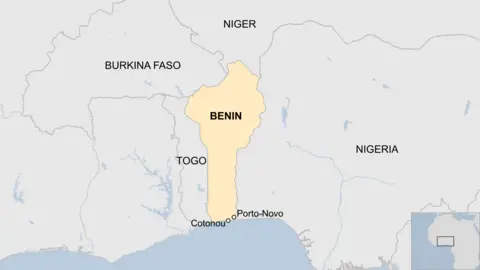 A map showing Benin, including the location of the capital Porto-Novo and main city Cotonou, and its neighbours Togo, Nigeria, Niger and Burkina Faso