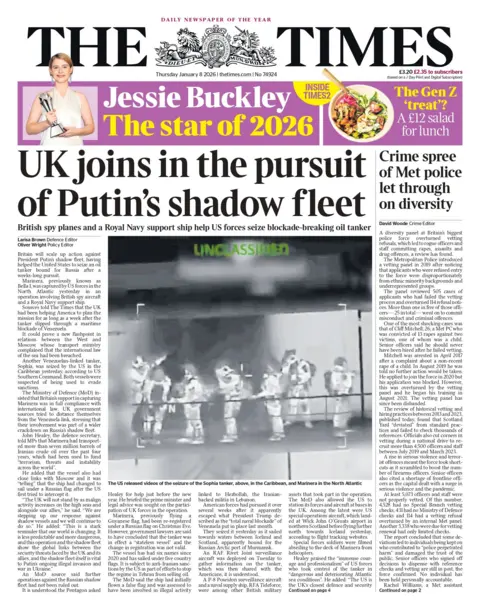 "UK joins in the pursuit of Putin's shadow fleet" reads the headline on the front page of the Times.