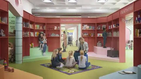 Artist's impression of the library's new children's zone. A woman with blonde hair is reading to four youngsters in the centre of the room. Behind them, a girl is sitting on her mother's lap as they read a book. The room has red walls and shelves, a green carpet and splashes of other colours.