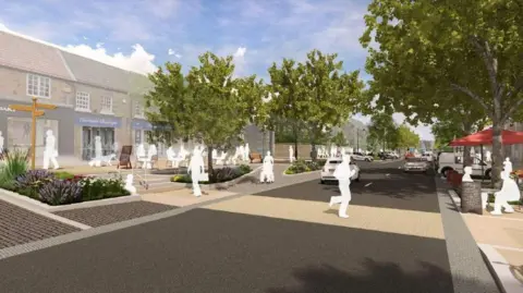 Artist impressions showing white figures of people crossing a road and sitting on benches super-imposed on to an existing street of two-storey buildings