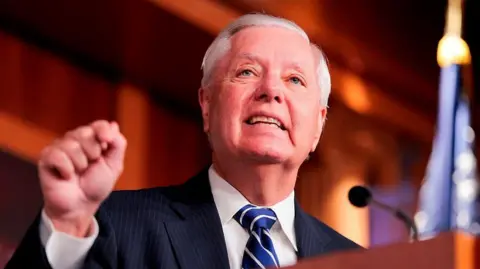  U.S. Sen. Lindsey Graham (R-SC) speaks during a press conference at the U.S. Capitol on April 27, 2026, in Washington, DC.