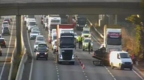 A car crash on the westbound section of the A14 in the Cambridge area