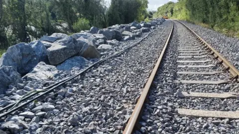 Network Rail Rock armour boulders protecting a section of track on the Conwy Valley Line