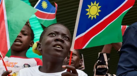 Reuters A close-up of a young person waving a Namibian flag.