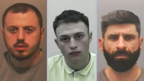 Northumbria Police Mugshots of Klaudio Aleksiu, Stefan Ciuraru, and Bogdan Gugiuman. Aleksiu has short dark hair and a thick beard. Ciraru is clean shaven with short black hair. Gugiuman is older than the other two with short thick black hair and beard.