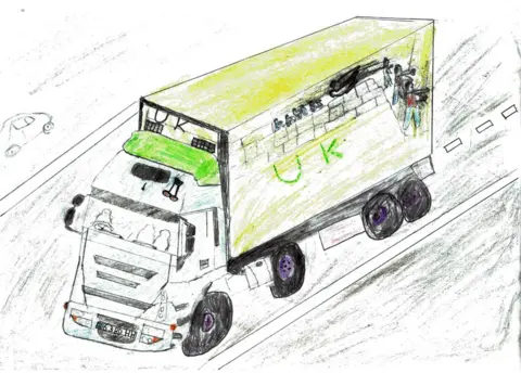 Ahmad Amiri Ahmad has drawn a picture of the lorry that brought him to England