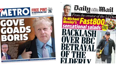 Front page of the metro and daily mail