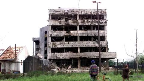 Sasa Stankovic/EPA/Shutterstock The destroyed side of the Chinese embassy in Belgrade