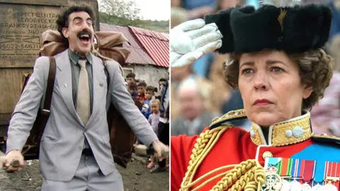 Amazon/Netflix Sacha Baron Cohen in Borat Subsequent Moviefilm and Olivia Colman in The Crown