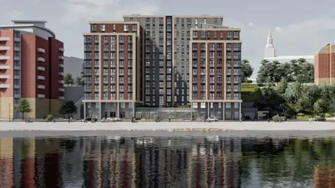 Whittam Cox Architects Artist impressions shows large apartment block by the river