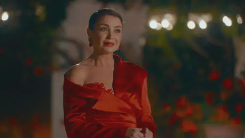 Dannii Minogue stands in a one-sleeved red dress with brown hair up and red earrings against a floral backdrop