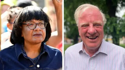 Two separate pictures - one of Diane Abbott wearing a denim shirt and one of Edward Leigh wearing a white, red and blue striped shirt. 