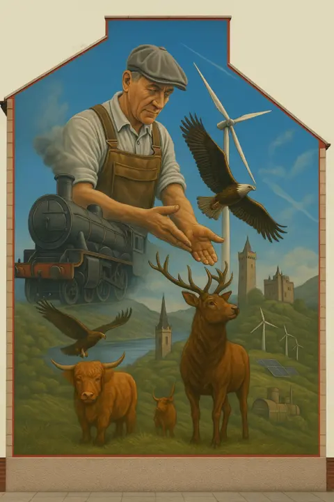 BALMORE ESTATES LIMITED/GLASGOW CITY COUNCIL A mural design featuring a worker in a flatcap , a wind farm, an eagle and a steam train, a stag, a Highland castle and several towers 