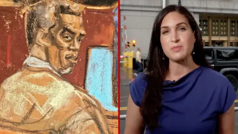 A split image showing a court room sketch of Sean Combs on the left and a photo of BBC correspondent Nada Tawfik on the right.