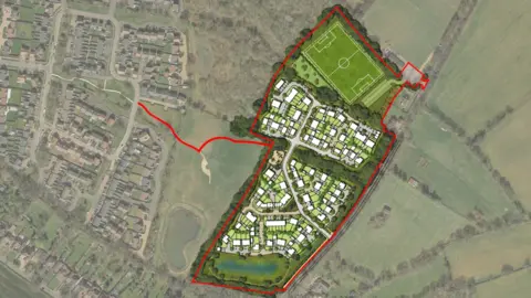 Stantec/Solihull Council Illustrative site plan showing a proposed housing development on greenfield land beside an existing residential estate. The layout includes new homes, internal roads, landscaped areas, a football pitch, and a pond, with the development boundary marked in red.